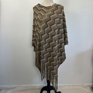 BCBGMaxAzria Asymmetrical Womens Brown Poncho Sweater Boho Chunky Knit Shawl OS